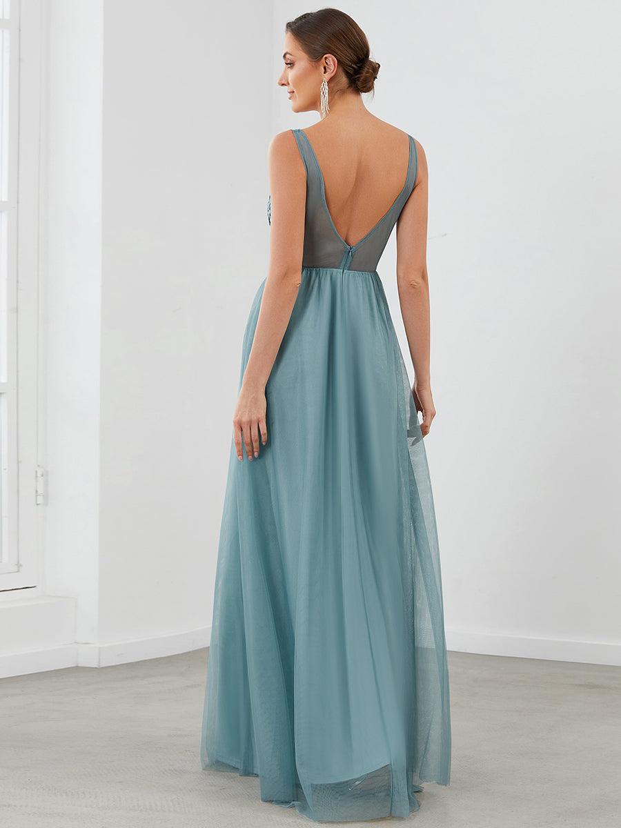 Robe Demoiselle d'Honneur Longue en Dentelle Florale à Col en V #Couleur_Bleu Fume Robe Demoiselle d'Honneur Longue en Dentelle Florale à Col en V