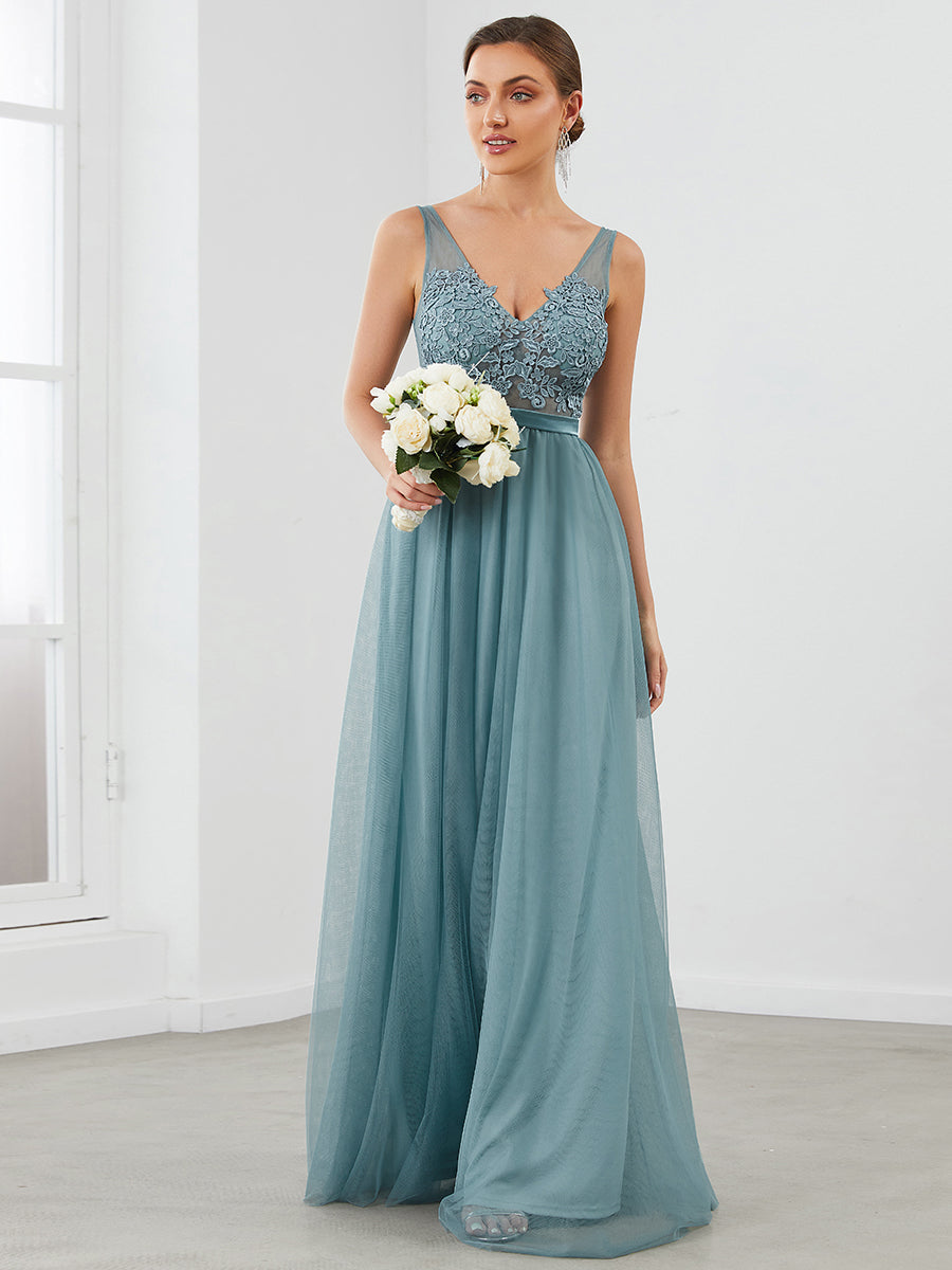 Taille personnalisée Robe Demoiselle d'Honneur Longue en Dentelle Florale #Couleur_Bleu Fume Taille personnalisée Robe Demoiselle d'Honneur Longue en Dentelle Florale
