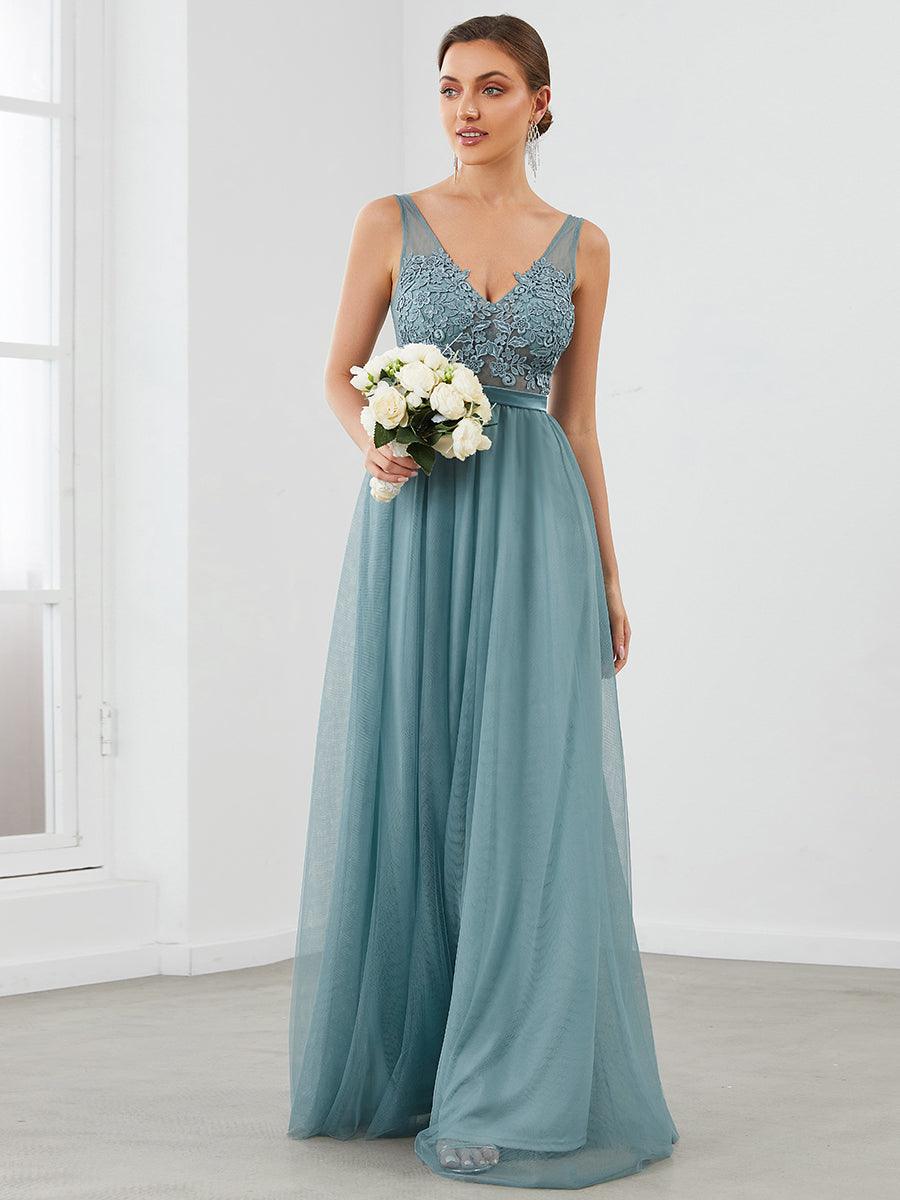 Robe Demoiselle d'Honneur Longue en Dentelle Florale à Col en V #Couleur_Bleu Fume Robe Demoiselle d'Honneur Longue en Dentelle Florale à Col en V