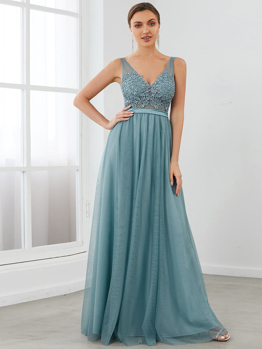 Taille personnalisée Robe Demoiselle d'Honneur Longue en Dentelle Florale #Couleur_Bleu Fume Taille personnalisée Robe Demoiselle d'Honneur Longue en Dentelle Florale
