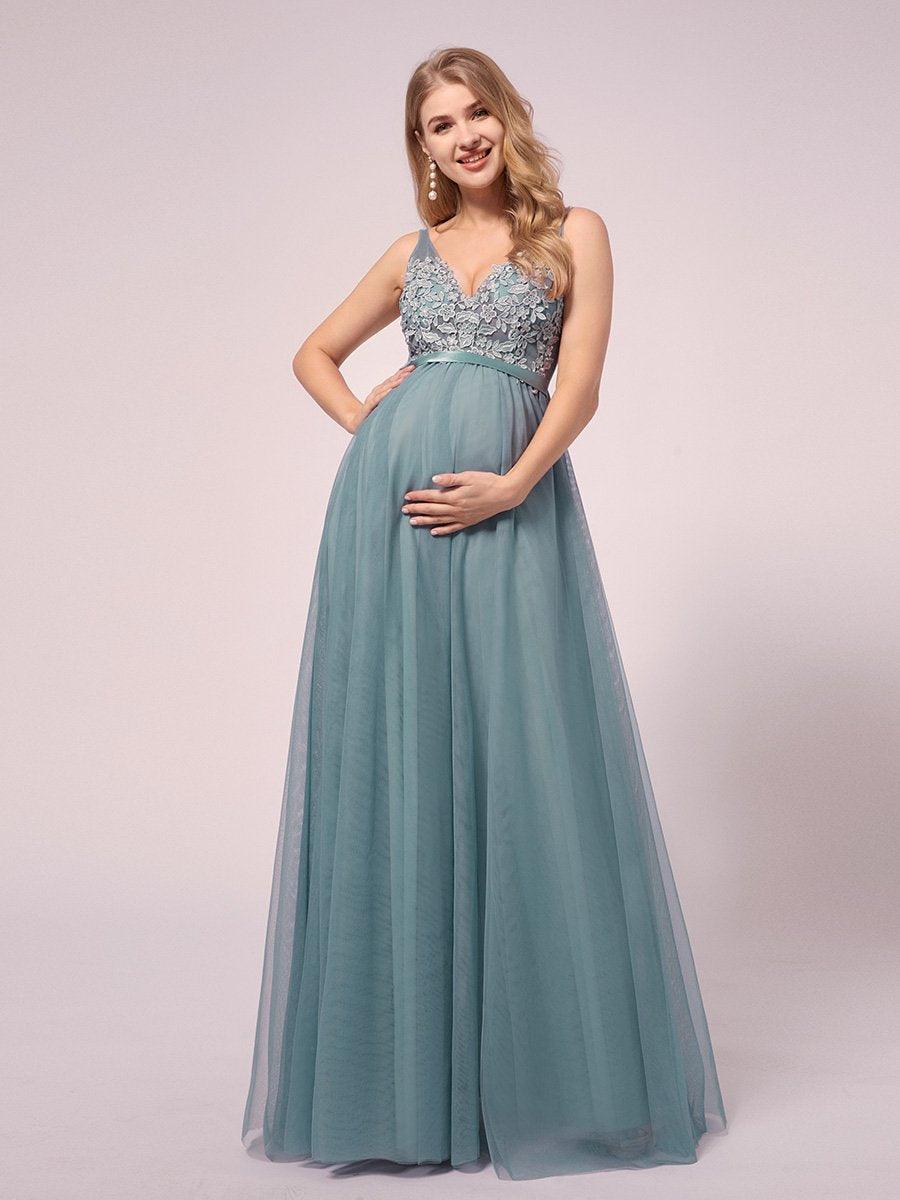 Robes De Maternité En Dentelle Florale à Col En V Pour Femmes #Couleur_Bleu Fume Robes De Maternité En Dentelle Florale à Col En V Pour Femmes