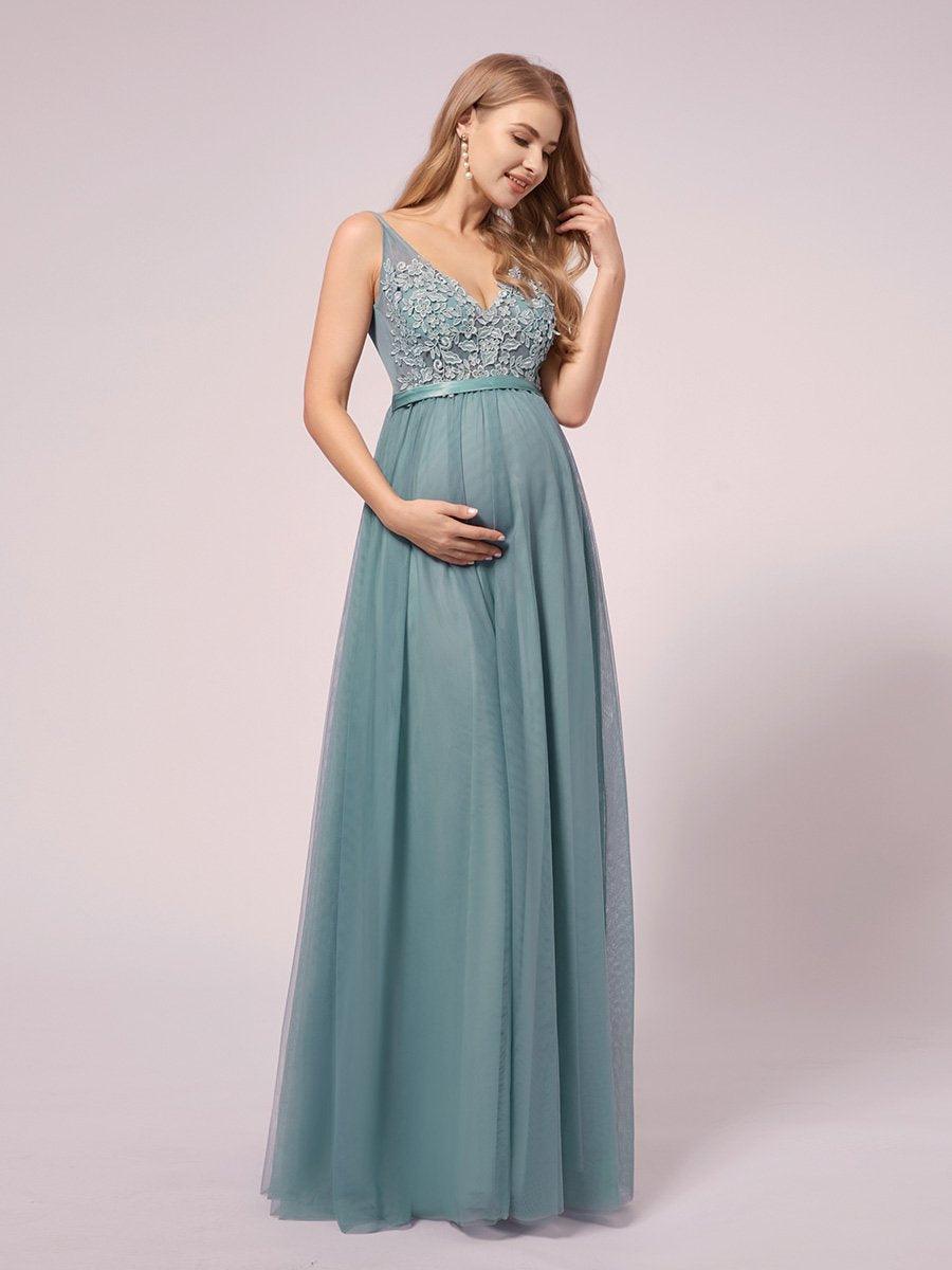 Robes De Maternité En Dentelle Florale à Col En V Pour Femmes #Couleur_Bleu Fume Robes De Maternité En Dentelle Florale à Col En V Pour Femmes