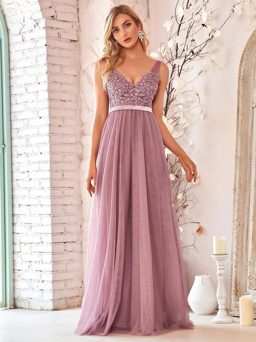 Robe Demoiselle d'Honneur Longue en Dentelle Florale à Col en V #Couleur_Orchidee
