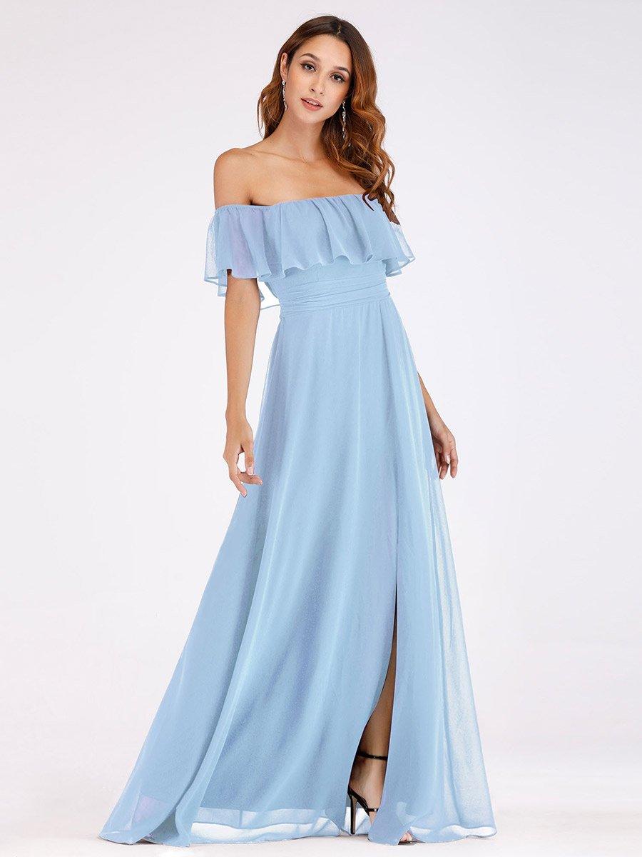 Robe demoiselle dhonneur décolletées à volants et fentes à la cuisse pour femmes #Couleur_Bleu Ciel