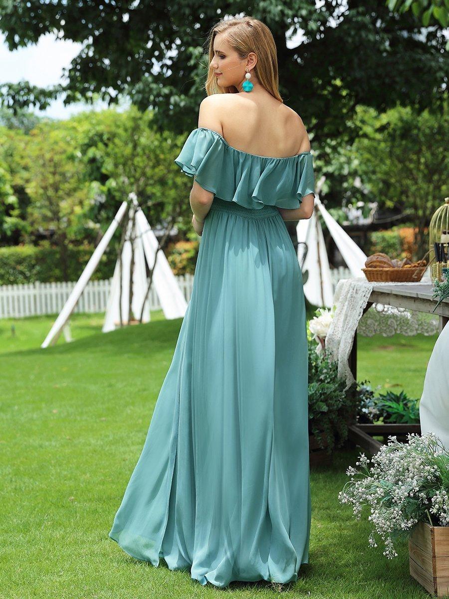 Robe demoiselle dhonneur décolletées à volants et fentes à la cuisse pour femmes #Couleur_Bleu Fume