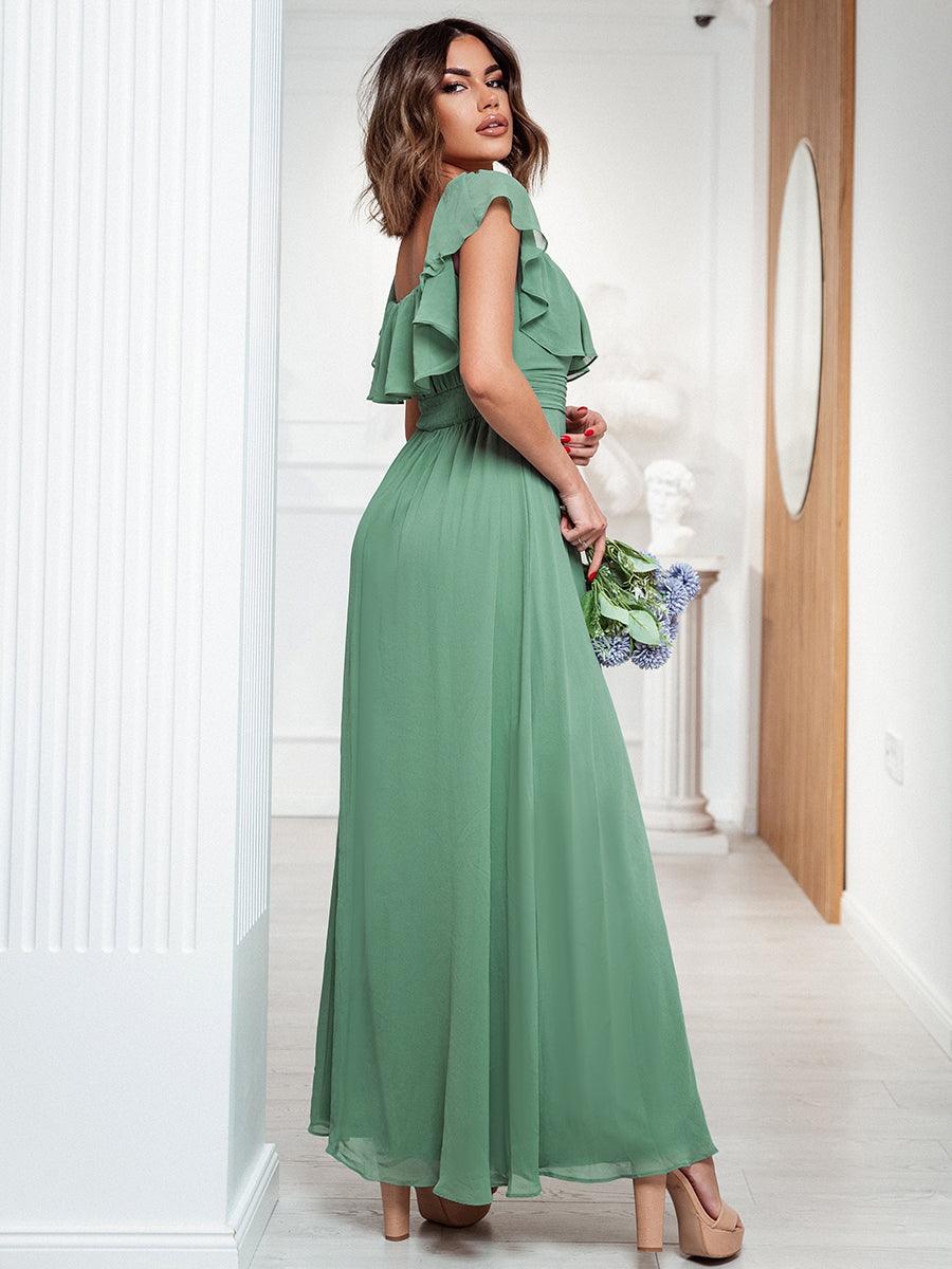 Robes de soirée Longue Fendue à épaules Dénudées à Volants #Couleur_Haricot Vert