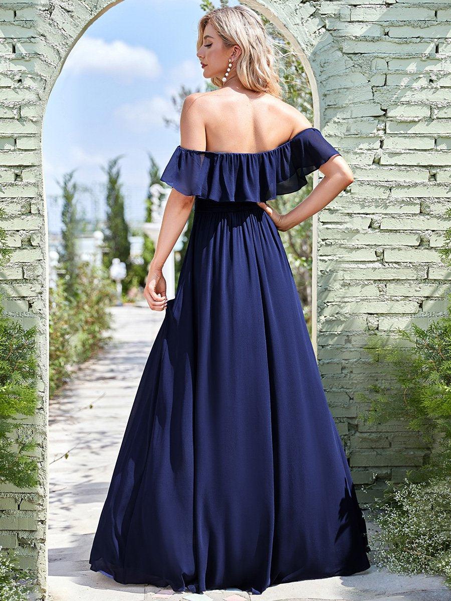 Robe demoiselle dhonneur décolletées à volants et fentes à la cuisse pour femmes #Couleur_Bleu Marine