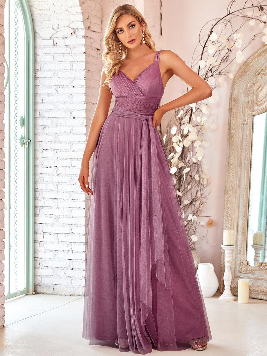 Robes De Demoiselle D'Honneur Maxi En Tulle à Col En V #Couleur_Bleu Sarcelle Taille personnalisée Robes de soirée en tulle col en V Cérémonie Demoiselle d'honneur