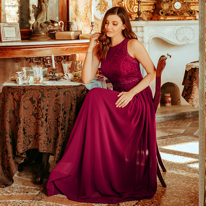 Robe de Soirée longue Taille Haute en Dentelle sans Manches #Couleur_Bleu Marine Robe de Soirée longue Taille Haute en Dentelle sans Manches