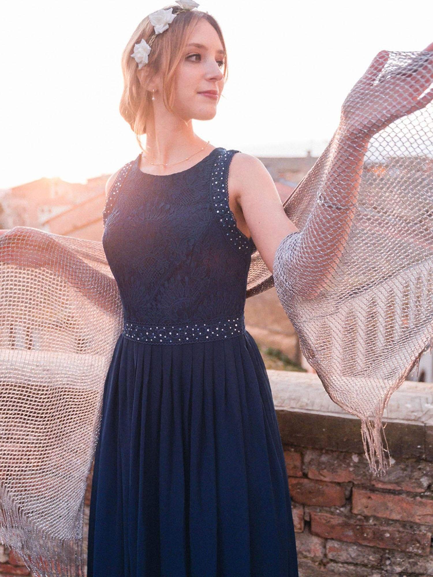 Robe de Soirée longue Taille Haute en Dentelle sans Manches #Couleur_Bleu Marine Robe de Soirée longue Taille Haute en Dentelle sans Manches