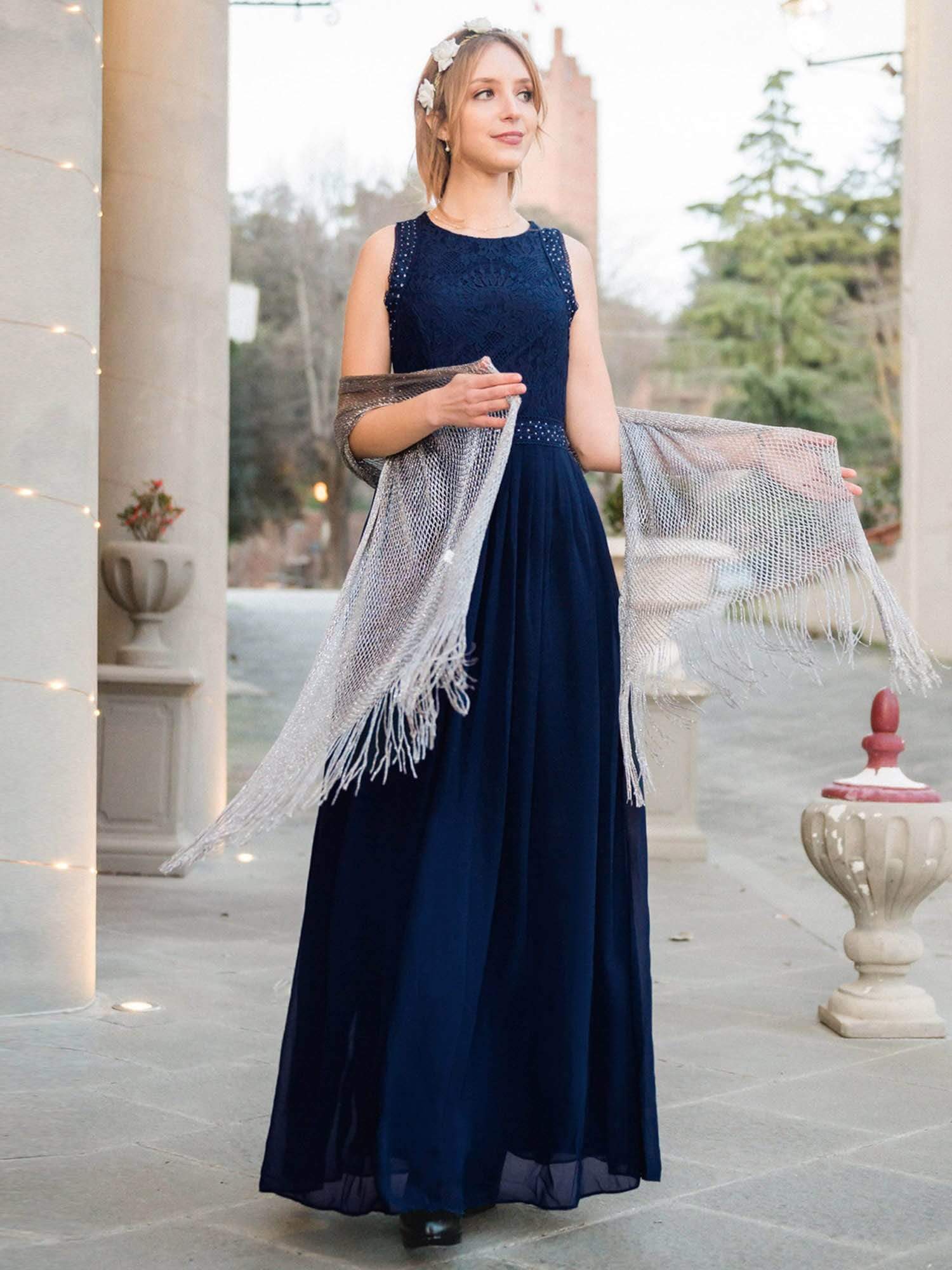 Robe de Soirée longue Taille Haute en Dentelle sans Manches #Couleur_Bleu Marine Robe de Soirée longue Taille Haute en Dentelle sans Manches