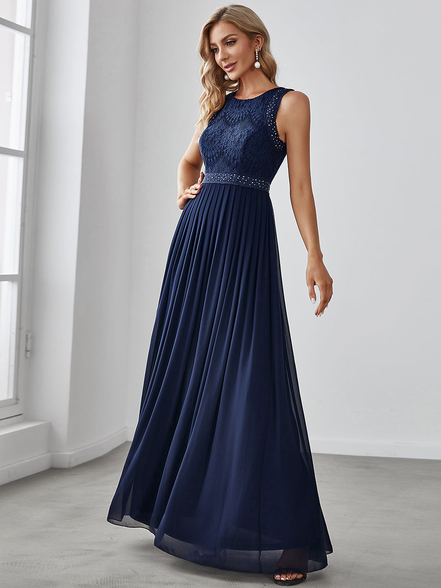 Robe de Soirée longue Taille Haute en Dentelle sans Manches #Couleur_Bleu Marine Robe de Soirée longue Taille Haute en Dentelle sans Manches