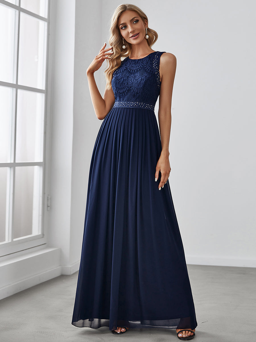 Robe de Soirée longue Taille Haute en Dentelle sans Manches #Couleur_Bleu Marine Robe de Soirée longue Taille Haute en Dentelle sans Manches