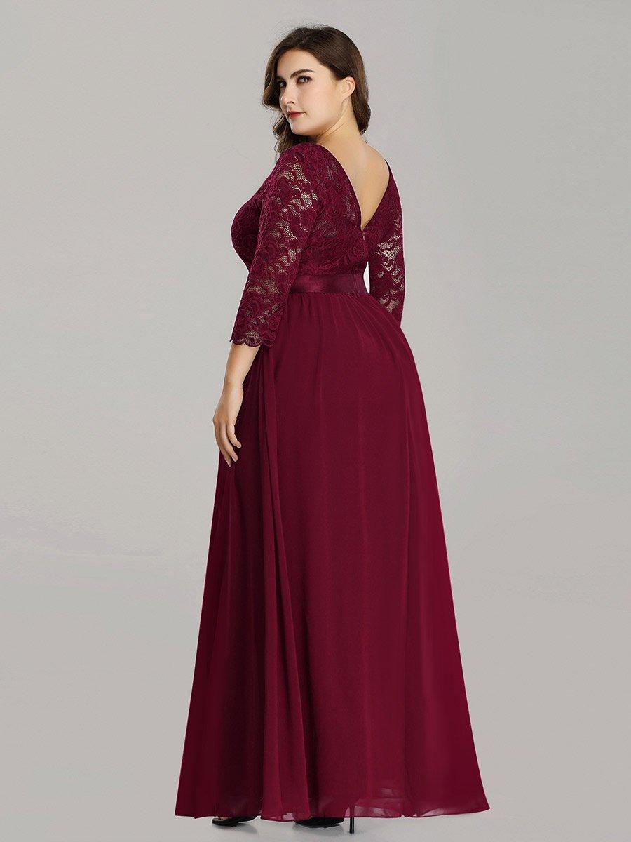Robe de demoiselle d'honneur en grande taille dentelle transparente et demi-manche #Couleur_Bordeaux