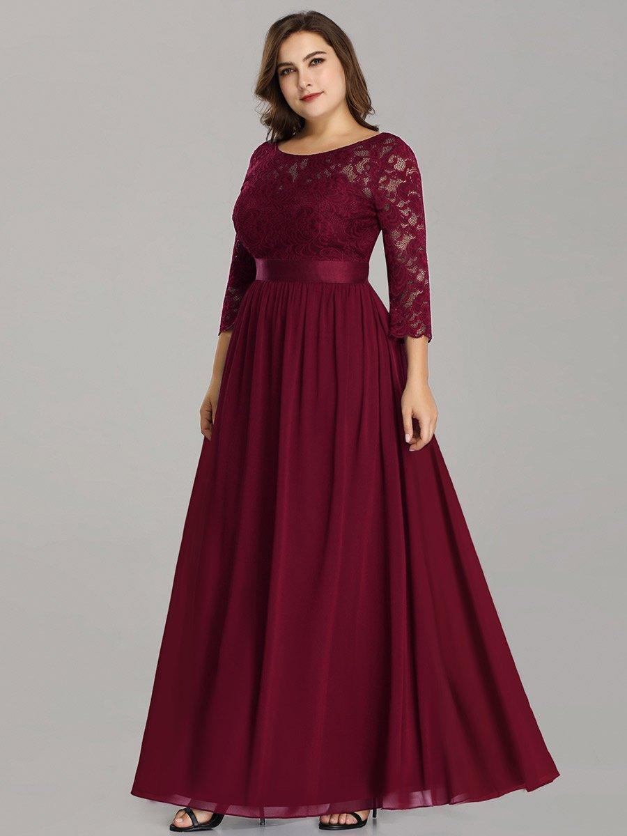 Robe de demoiselle d'honneur en grande taille dentelle transparente et demi-manche #Couleur_Bordeaux