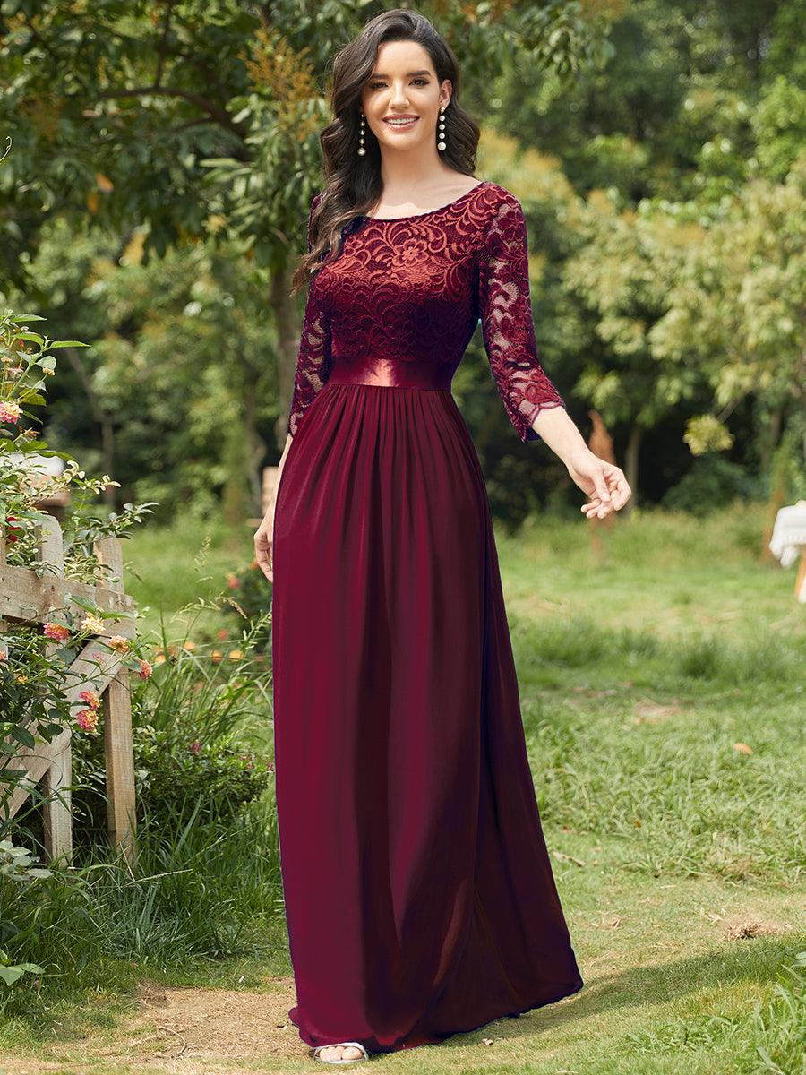 Robe de soirée en dentelle transparente au sol avec demi-manches #Couleur_Bordeaux