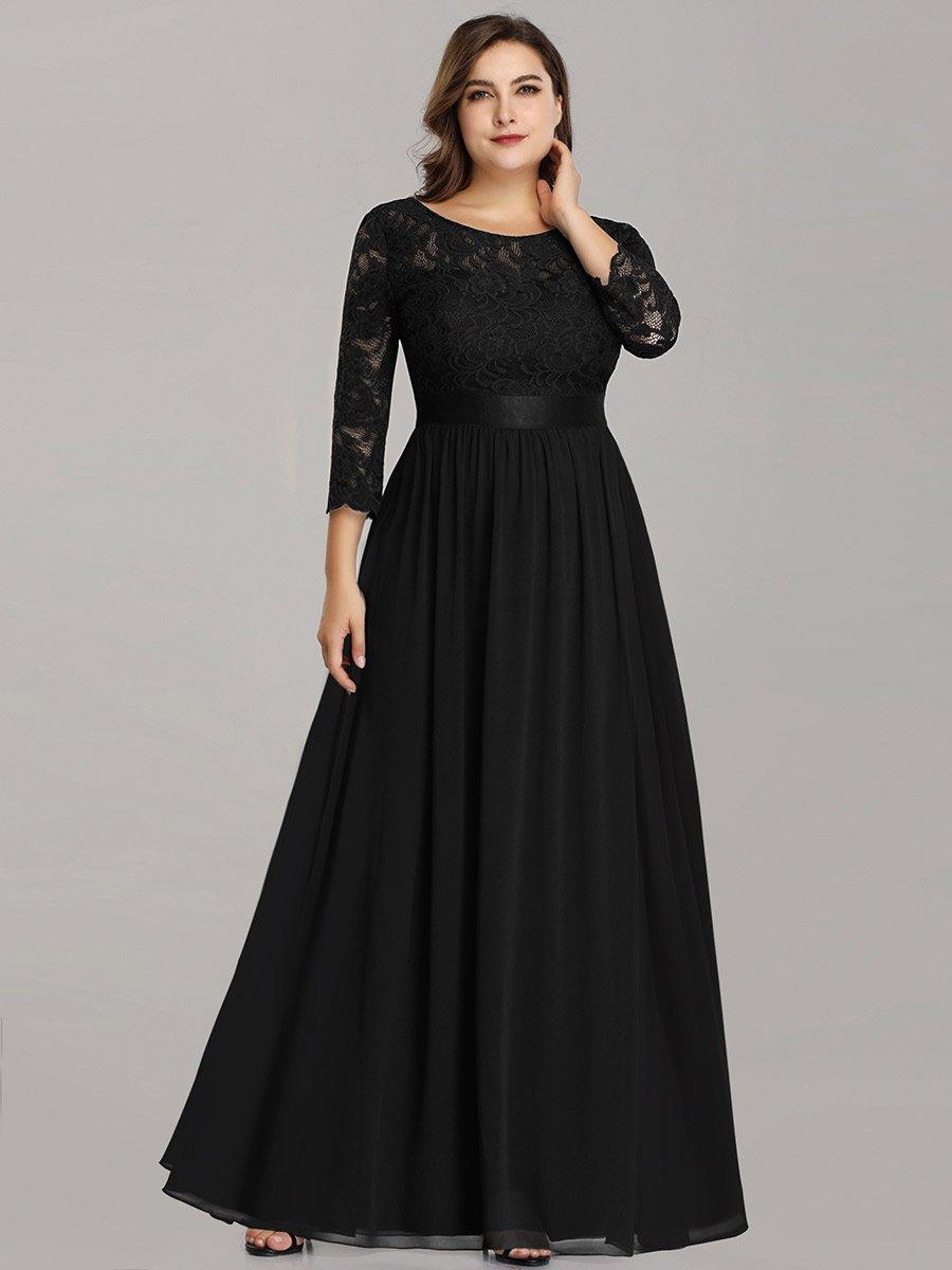 Robe de demoiselle d'honneur en grande taille dentelle transparente et demi-manche #Couleur_Noir