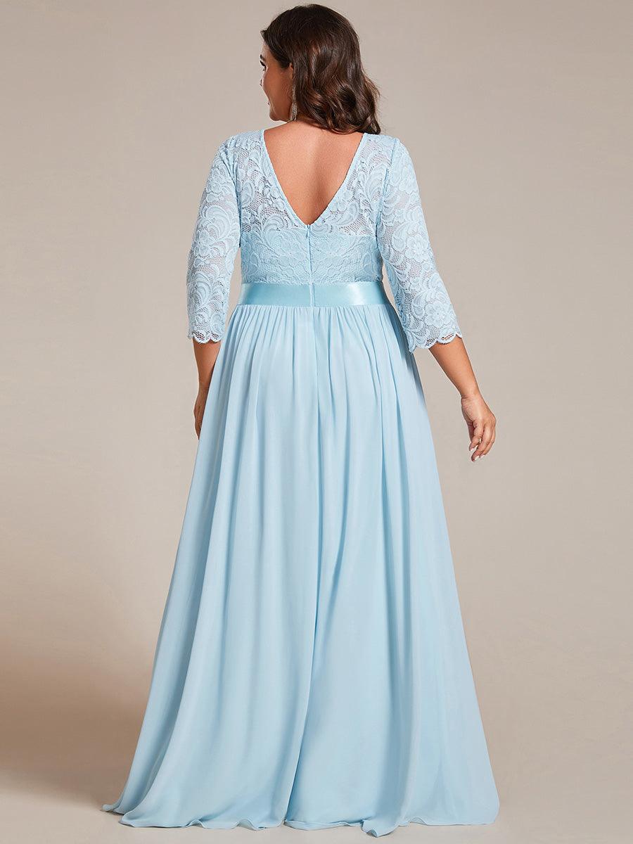 Robe de demoiselle d'honneur en grande taille dentelle transparente et demi-manche #Couleur_Bleu Ciel