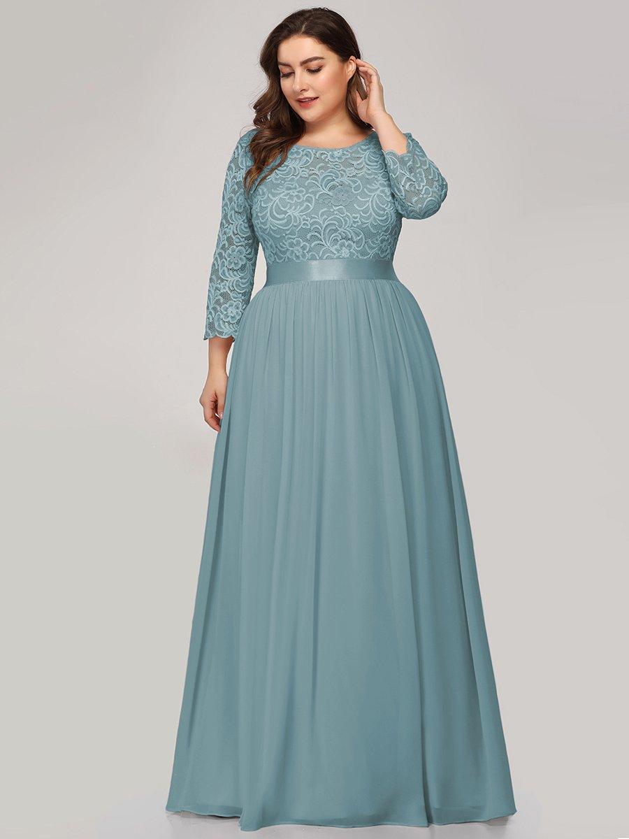 Robe de demoiselle d'honneur en grande taille dentelle transparente et demi-manche #Couleur_Bleu Fume