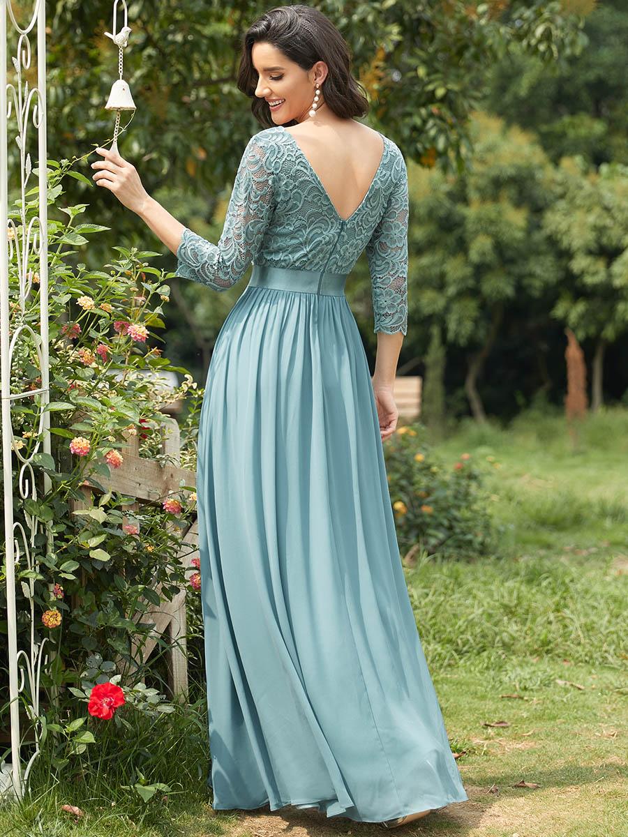 Robe de soirée en dentelle transparente au sol avec demi-manches #Couleur_Bleu Fume