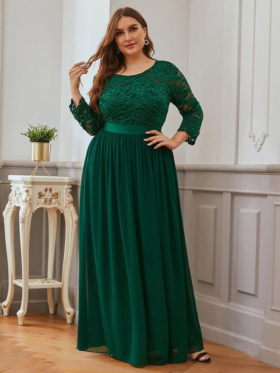 Robe de soirée en dentelle transparente au sol avec demi-manches #Couleur_Vert Fonce