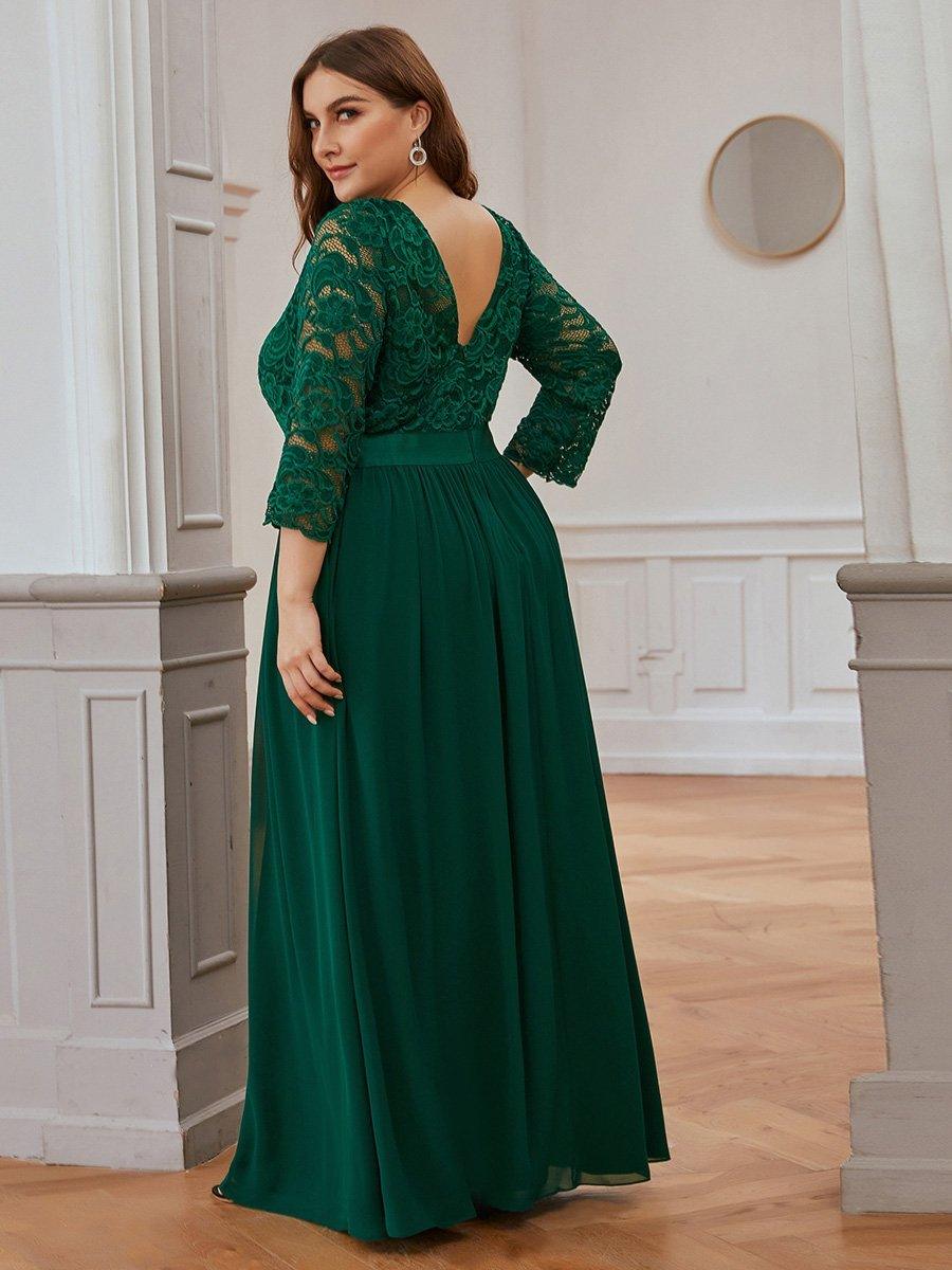 Robe de demoiselle d'honneur en grande taille dentelle transparente et demi-manche #Couleur_Vert Fonce