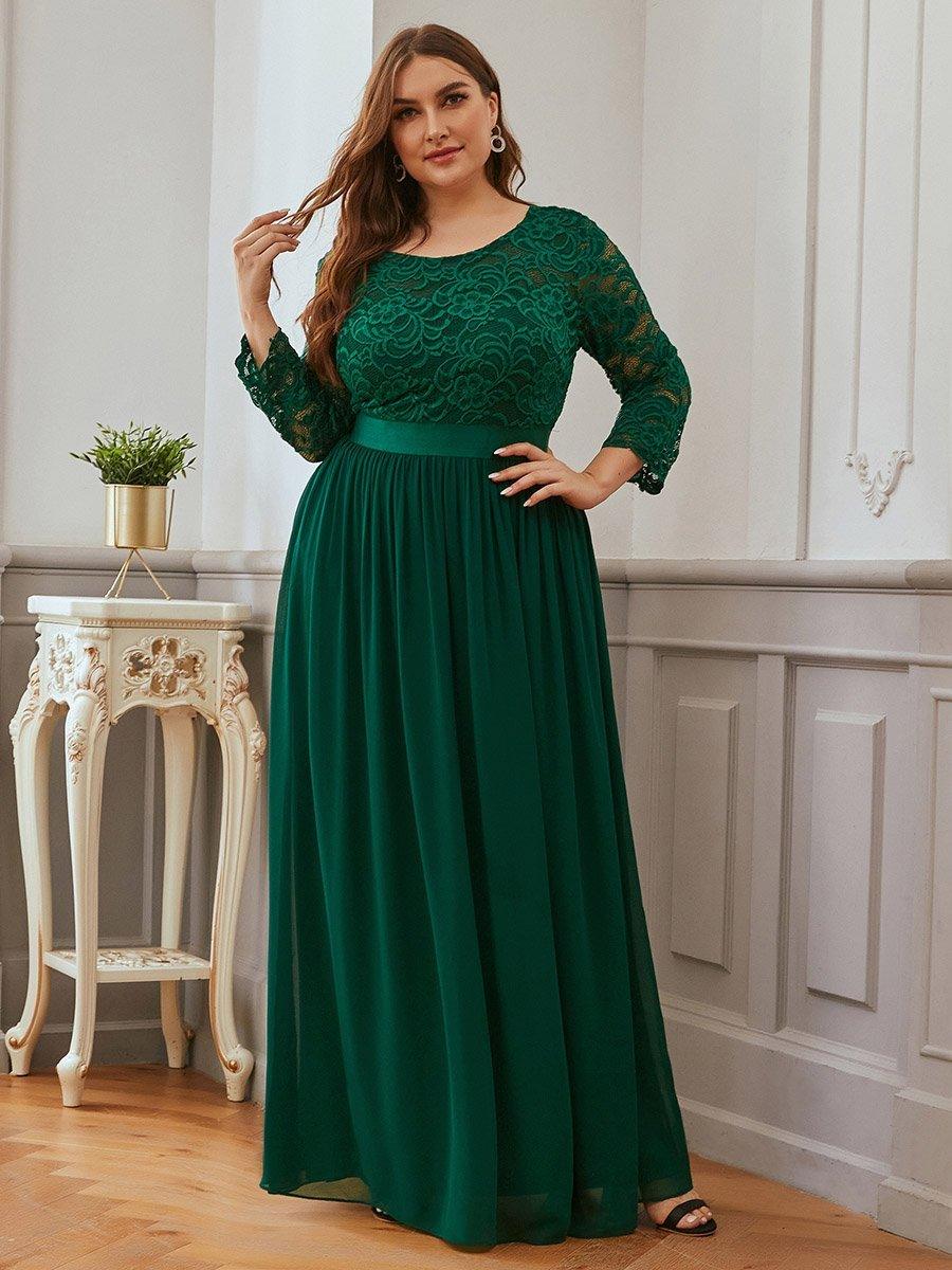 Robe de demoiselle d'honneur en grande taille dentelle transparente et demi-manche #Couleur_Vert Fonce