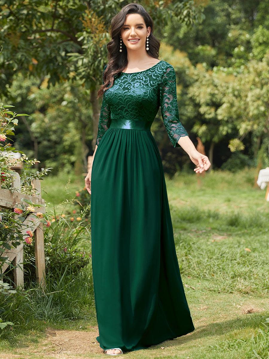 Robe de soirée en dentelle transparente au sol avec demi-manches #Couleur_Vert Fonce