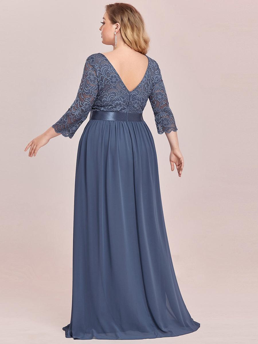 Robe de demoiselle d'honneur en grande taille dentelle transparente et demi-manche #Couleur_Marine Fume