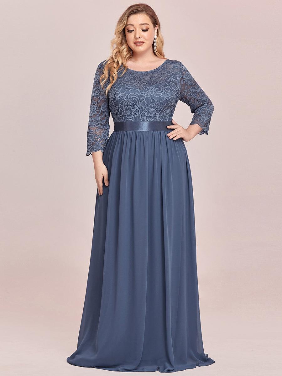 Robe de demoiselle d'honneur en grande taille dentelle transparente et demi-manche #Couleur_Marine Fume