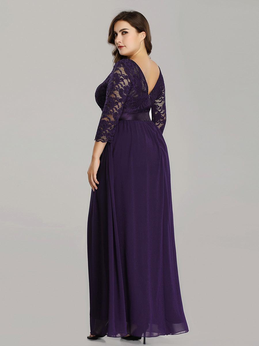Robe de demoiselle d'honneur en grande taille dentelle transparente et demi-manche #Couleur_Violet Fonce