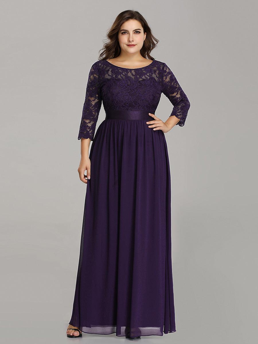 Robe de demoiselle d'honneur en grande taille dentelle transparente et demi-manche #Couleur_Violet Fonce