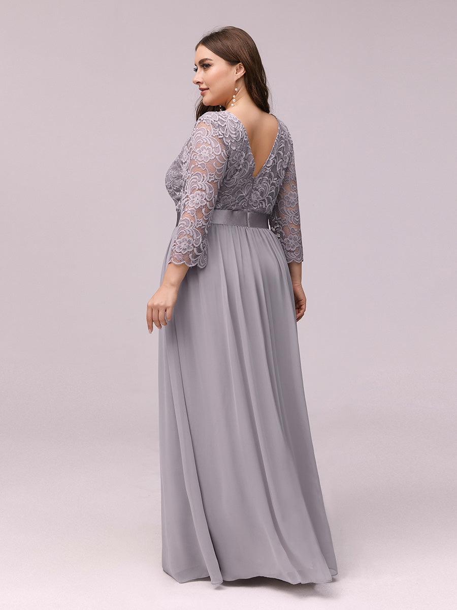 Robe de demoiselle d'honneur en grande taille dentelle transparente et demi-manche #Couleur_Gris