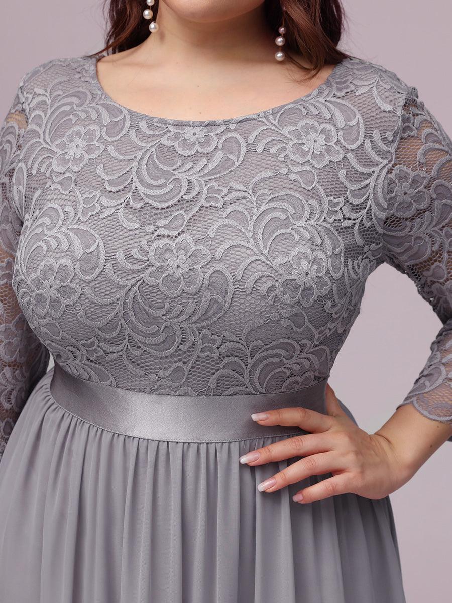 Robe de demoiselle d'honneur en grande taille dentelle transparente et demi-manche #Couleur_Gris