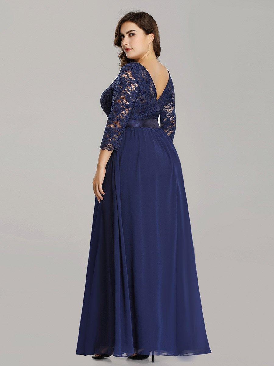 Robe de demoiselle d'honneur en grande taille dentelle transparente et demi-manche #Couleur_Bleu Marine