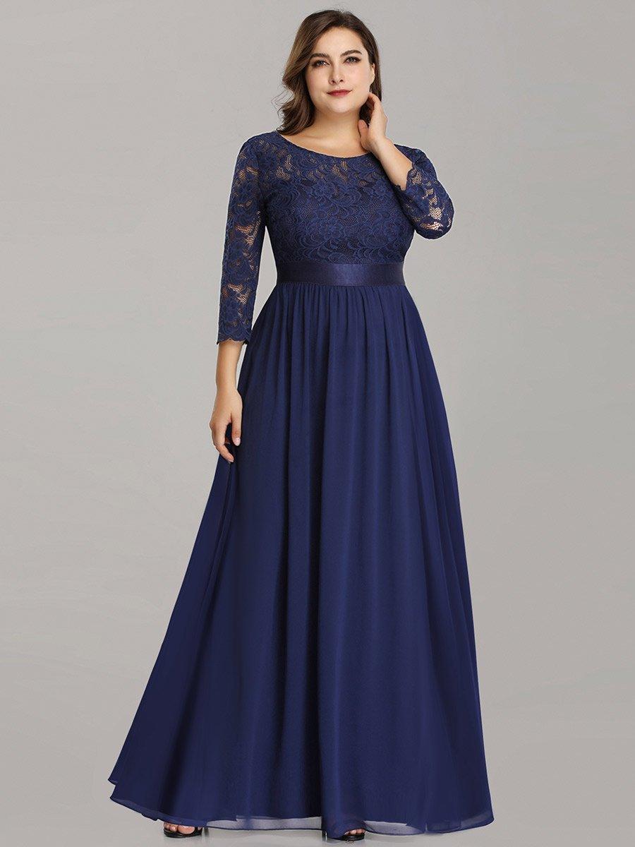 Robe de demoiselle d'honneur en grande taille dentelle transparente et demi-manche #Couleur_Bleu Marine