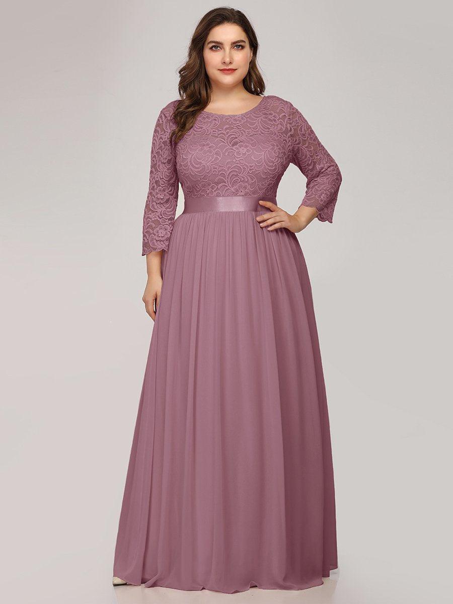 Robe de demoiselle d'honneur en grande taille dentelle transparente et demi-manche #Couleur_Orchidee