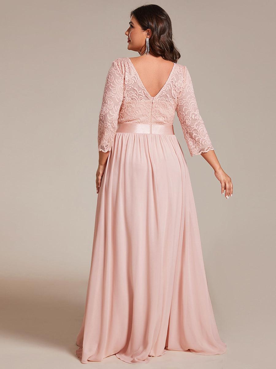 Robe de demoiselle d'honneur en grande taille dentelle transparente et demi-manche #Couleur_Rose