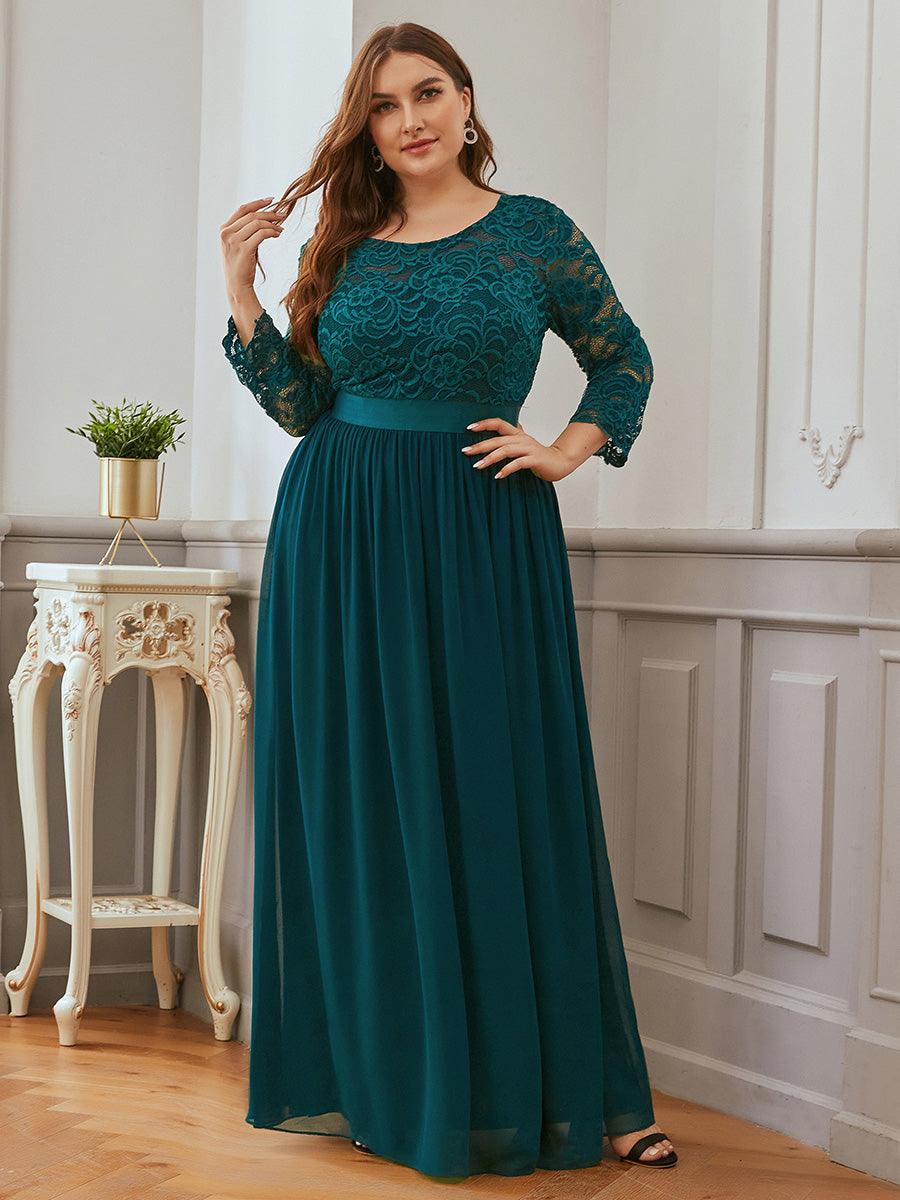 Robe de demoiselle d'honneur en grande taille dentelle transparente et demi-manche #Couleur_Bleu Sarcelle
