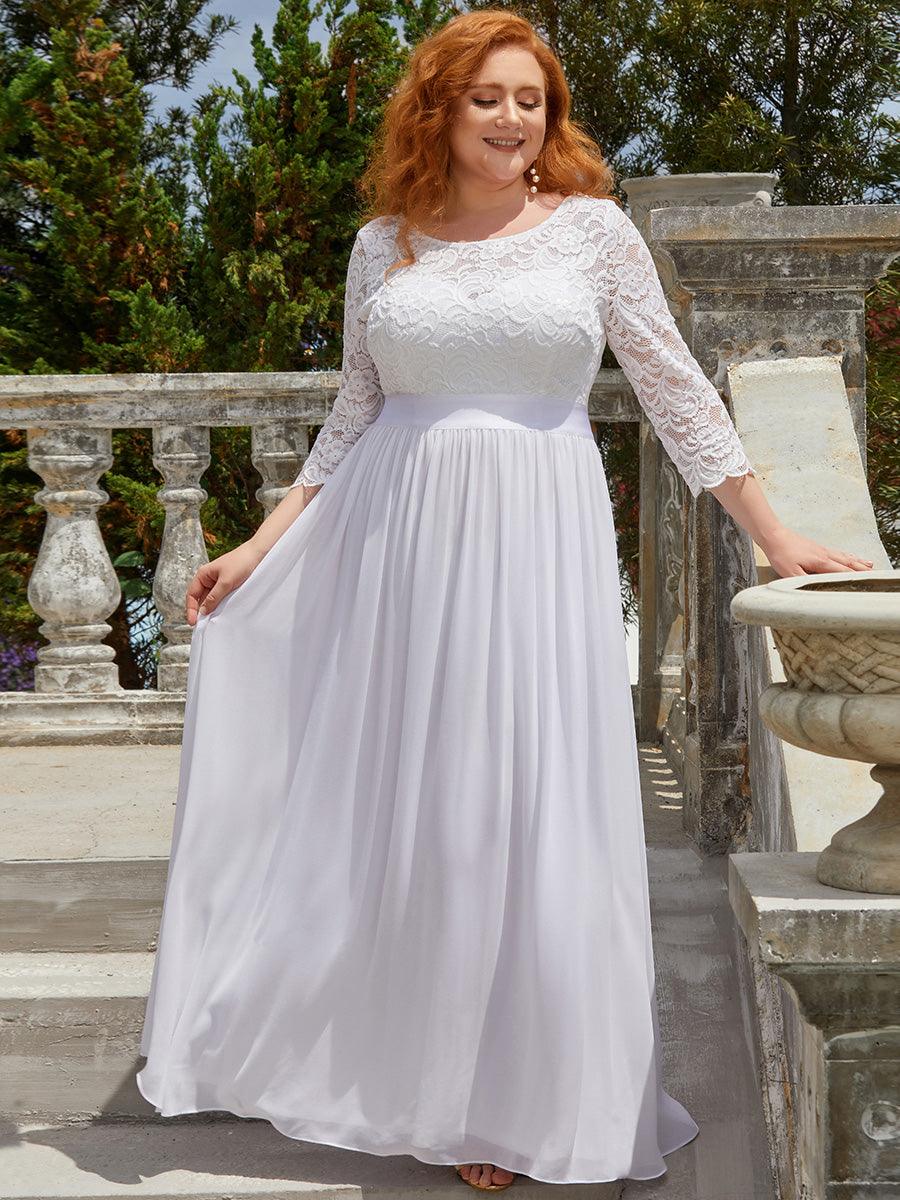 Robe de demoiselle d'honneur en grande taille dentelle transparente et demi-manche #Couleur_Blanc