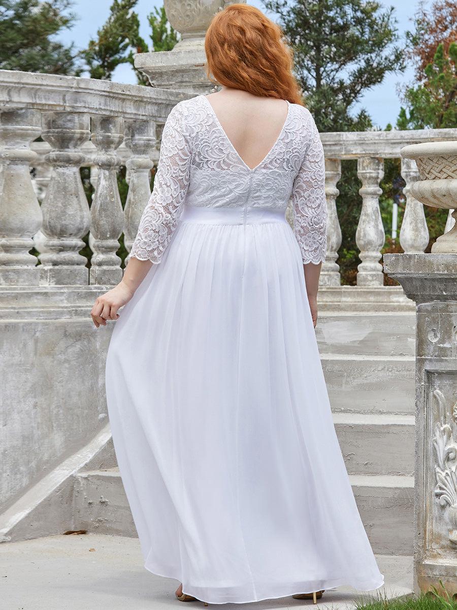 Robe de demoiselle d'honneur en grande taille dentelle transparente et demi-manche #Couleur_Blanc