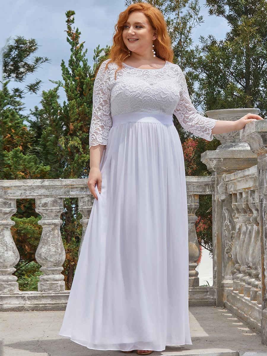 Robe de demoiselle d'honneur en grande taille dentelle transparente et demi-manche #Couleur_Blanc