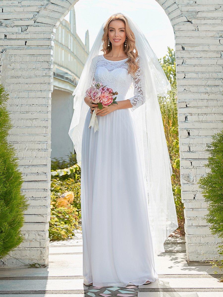 Robe de mariée simple et décontractée en dentelle et mousseline pour le mariage #Couleur_Blanc Robe de mariée simple et décontractée en dentelle et mousseline pour le mariage