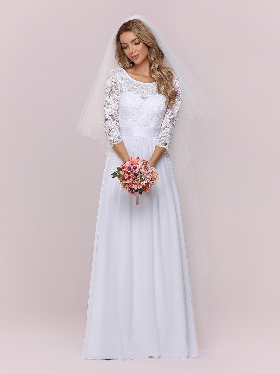 Robe de mariée simple et décontractée en dentelle et mousseline pour le mariage #Couleur_Blanc Robe de mariée simple et décontractée en dentelle et mousseline pour le mariage