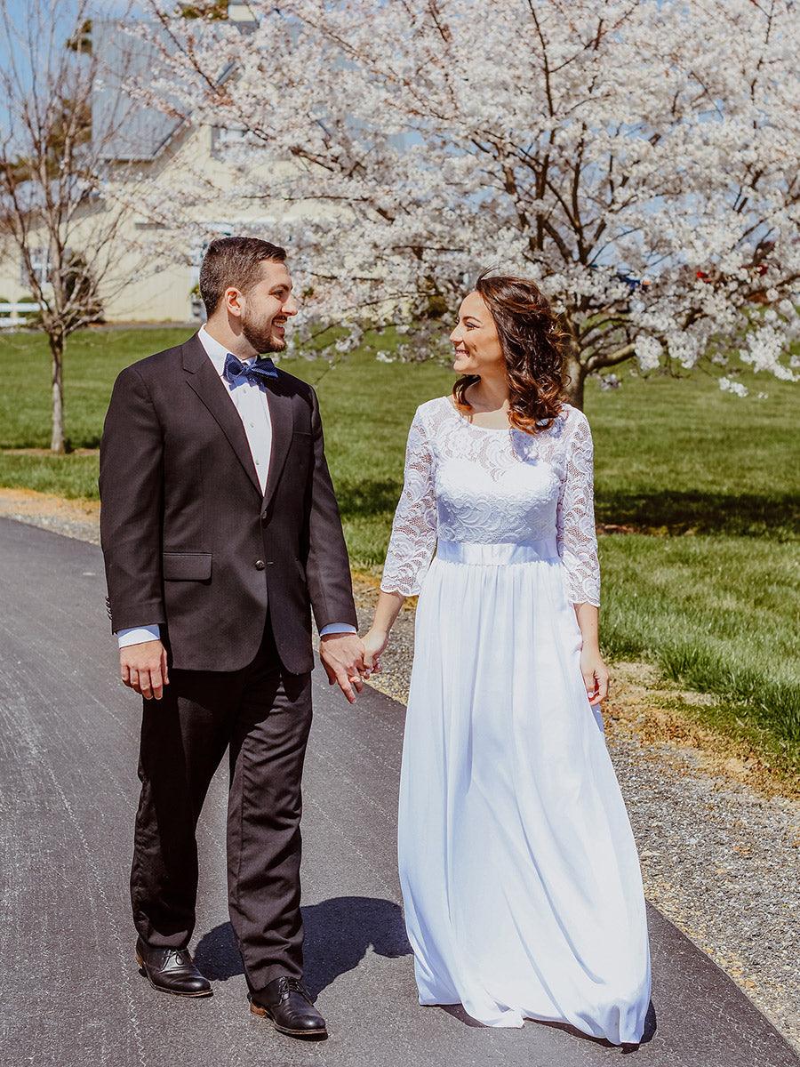 Robe de soirée en dentelle transparente au sol avec demi-manches #Couleur_Blanc