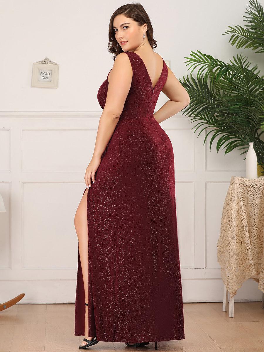 Robe de Cérémonie Empire Grande Taille à Col en V avec Fente Latérale #Couleur_Bleu Marine Robe de soirée Empire Grande Taille à Col en V avec Fente Latérale