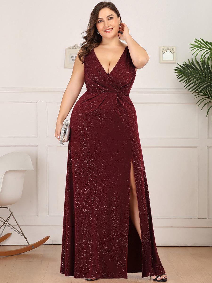 Robe de Cérémonie Empire Grande Taille à Col en V avec Fente Latérale #Couleur_Bleu Marine Robe de soirée Empire Grande Taille à Col en V avec Fente Latérale