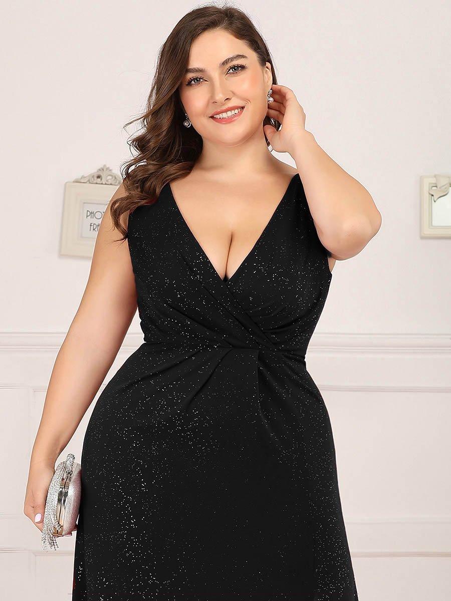 Robe de Cérémonie Empire Grande Taille à Col en V avec Fente Latérale #Couleur_Bleu Marine Robe de soirée Empire Grande Taille à Col en V avec Fente Latérale