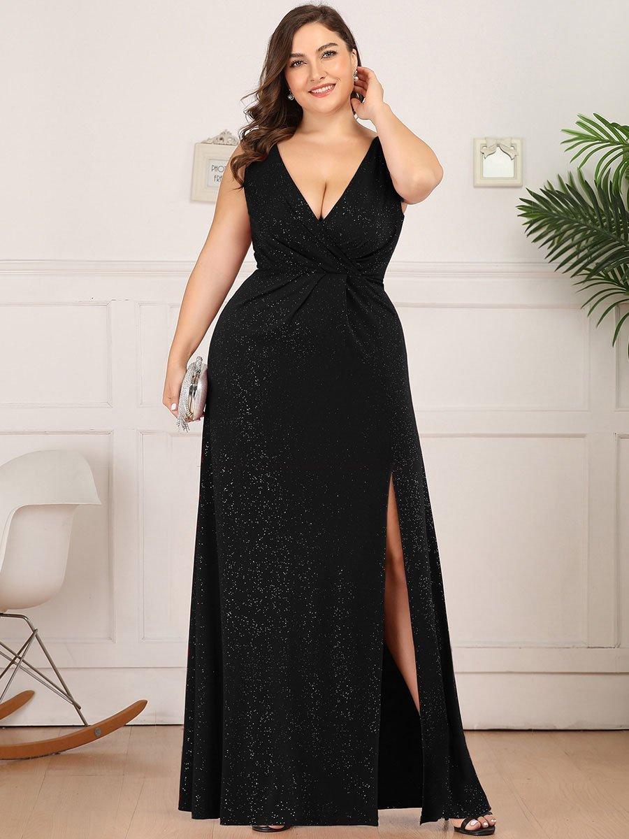 Robe de Cérémonie Empire Grande Taille à Col en V avec Fente Latérale #Couleur_Bleu Marine Robe de soirée Empire Grande Taille à Col en V avec Fente Latérale