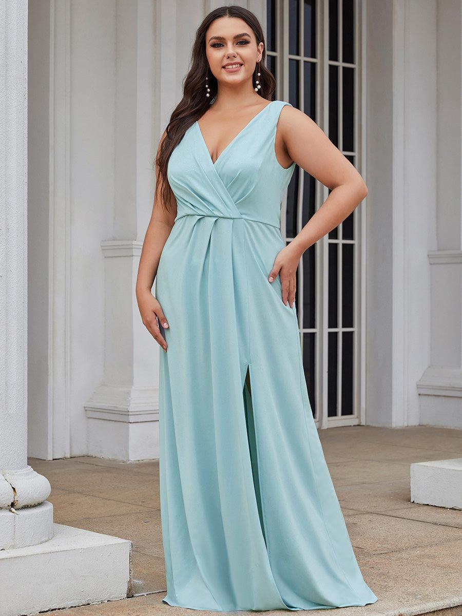 Robe de Cérémonie Empire Grande Taille à Col en V avec Fente Latérale #Couleur_Bleu Marine Robe de soirée Empire Grande Taille à Col en V avec Fente Latérale
